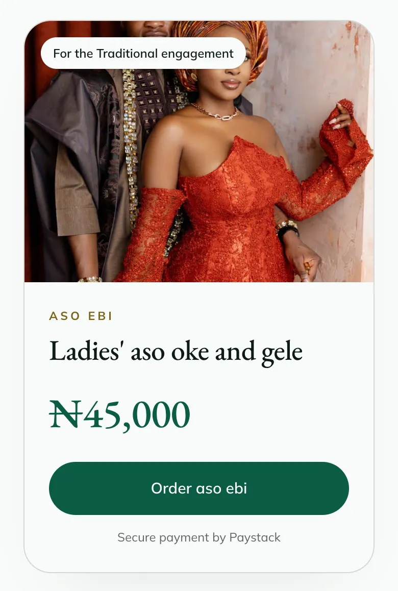 Aso ebi order card on a Jane site