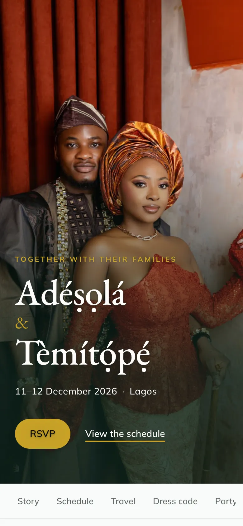 Example Jane wedding site for Adesola and Temitope, built from a chat